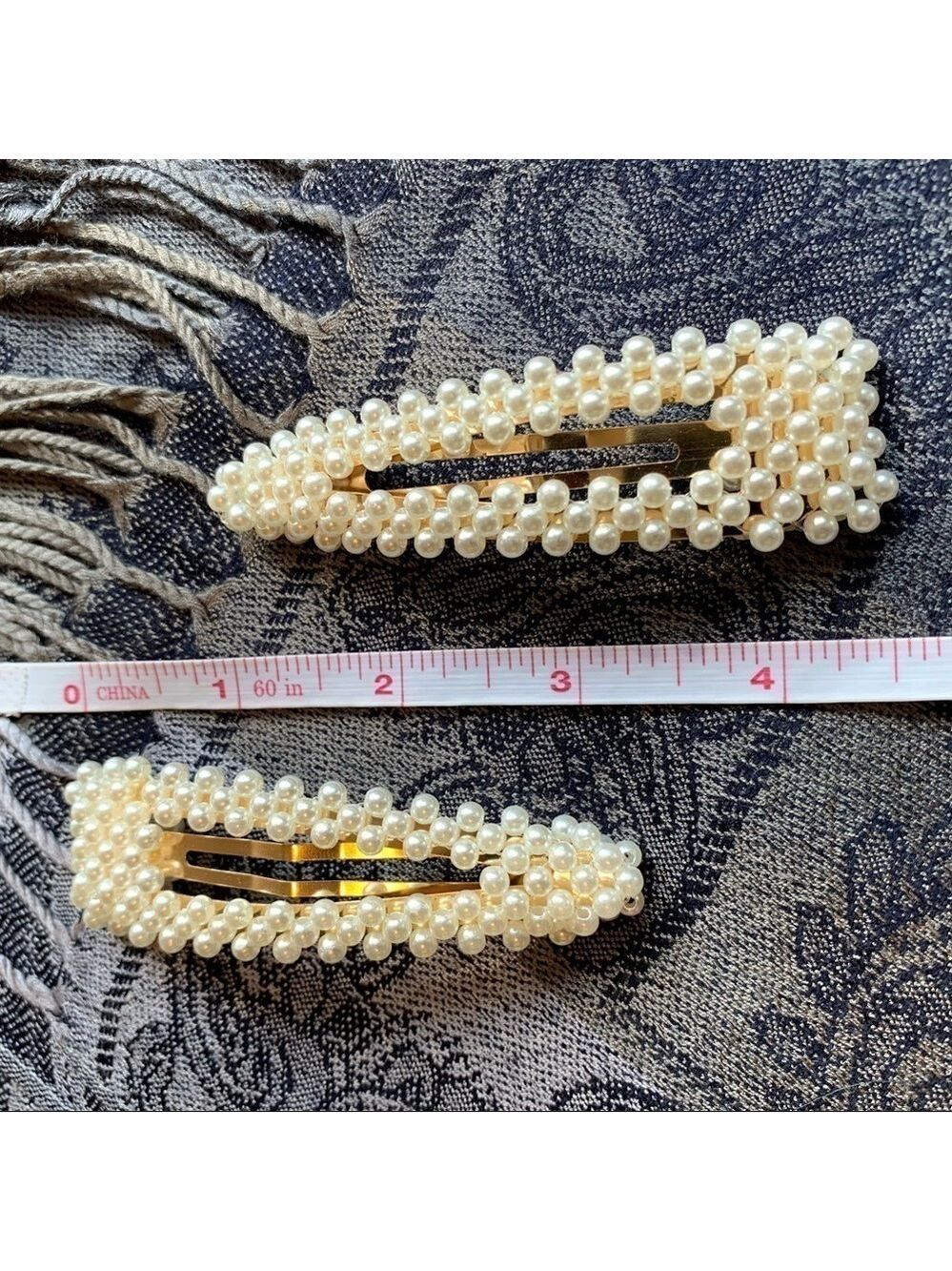 Ivory Pearl Embellished Clip On Barrettes Pair Glam Prom Wedding Dressy Dance - Picture 9 of 10